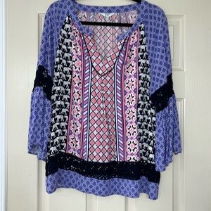 Crown & Ivy Colorful Blouse with Bell Sleeves and Elephants